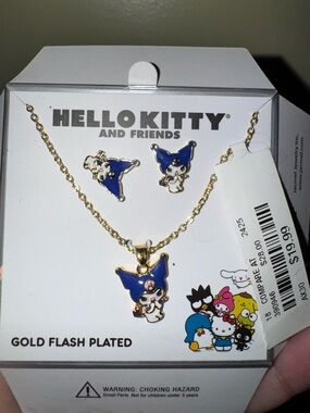 Hello Kitty Gold-Plated Necklace and Stud Earrings with Blue Enamel